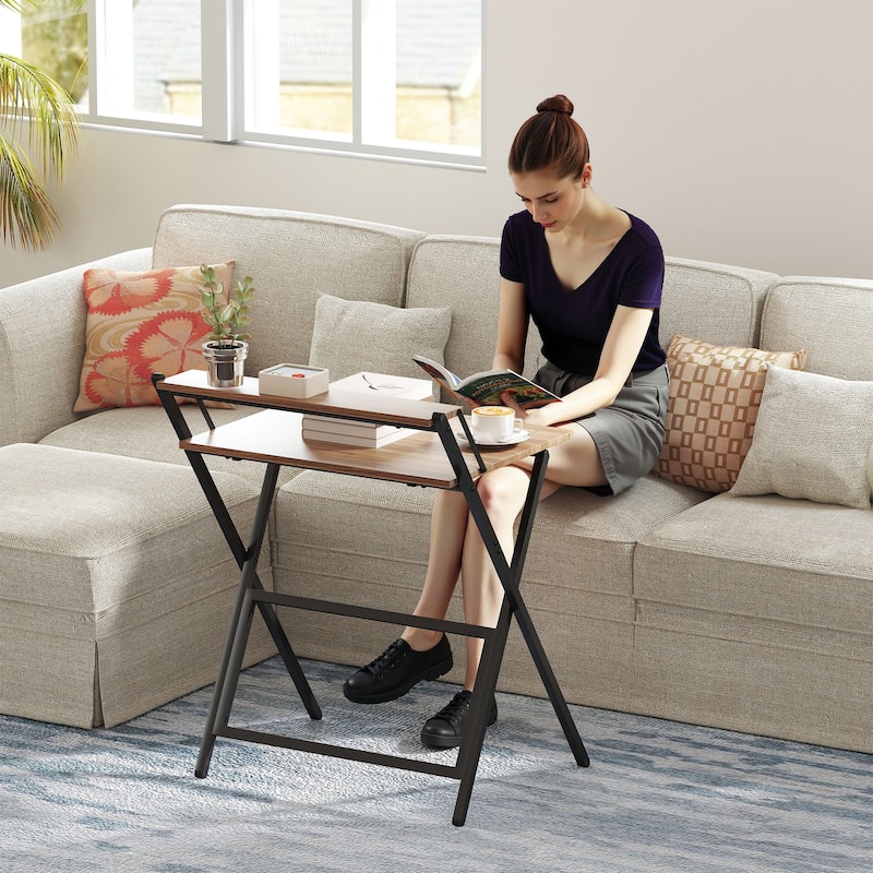 HOMCOM Small Folding Desk, 27.6 Inch Foldable Computer Desk with Monitor Shelf, Space Saving Portable Writing Table
