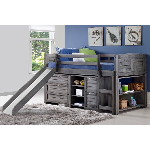 Twin Louver Antique Grey Storage Bookcase Loft Bed with Slide. Opens flyout.