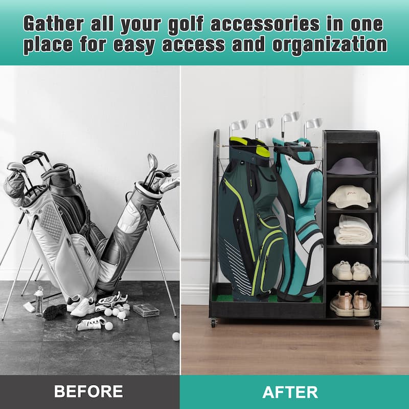 Wooden Golf Bag Organizer and Storage Rack - Holds 2 Golf Bags, 12 Clubs, 4-5 Pairs of Golf Shoes, 50+ Golf Balls