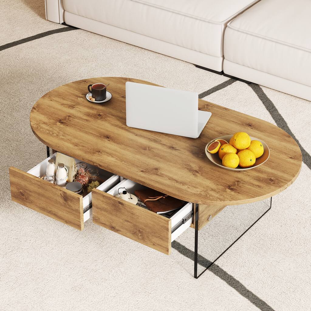 Coffee table with double drawers. The board surface is MDF sticker, and both sides are transparent tempered glass