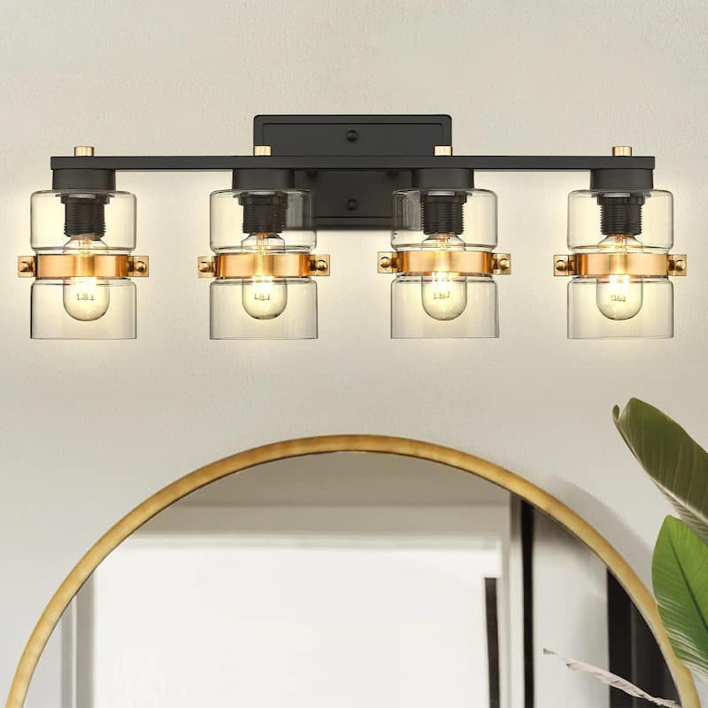 Modern 4-Light Bathroom Vanity Light,Fixtures Over Mirror with Clear Glass,White or Black and Gold Finish