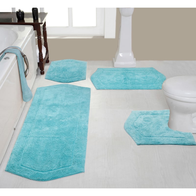 Waterford Collection 100% Cotton Non-Slip Bathroom Rug Set, Machine Washable Bath Rug, 4 Piece Bath Mat Set with Contour - Turquoise