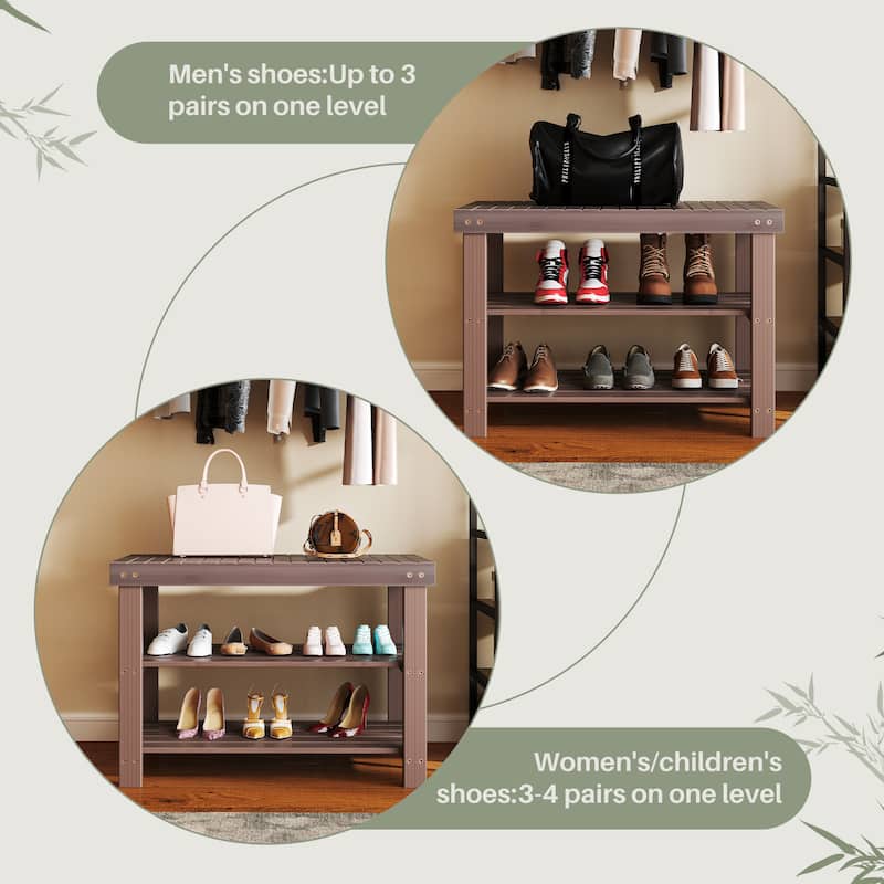 3-Tier Bamboo Shoe Rack Bench with Storage, Black, Brown, Wood