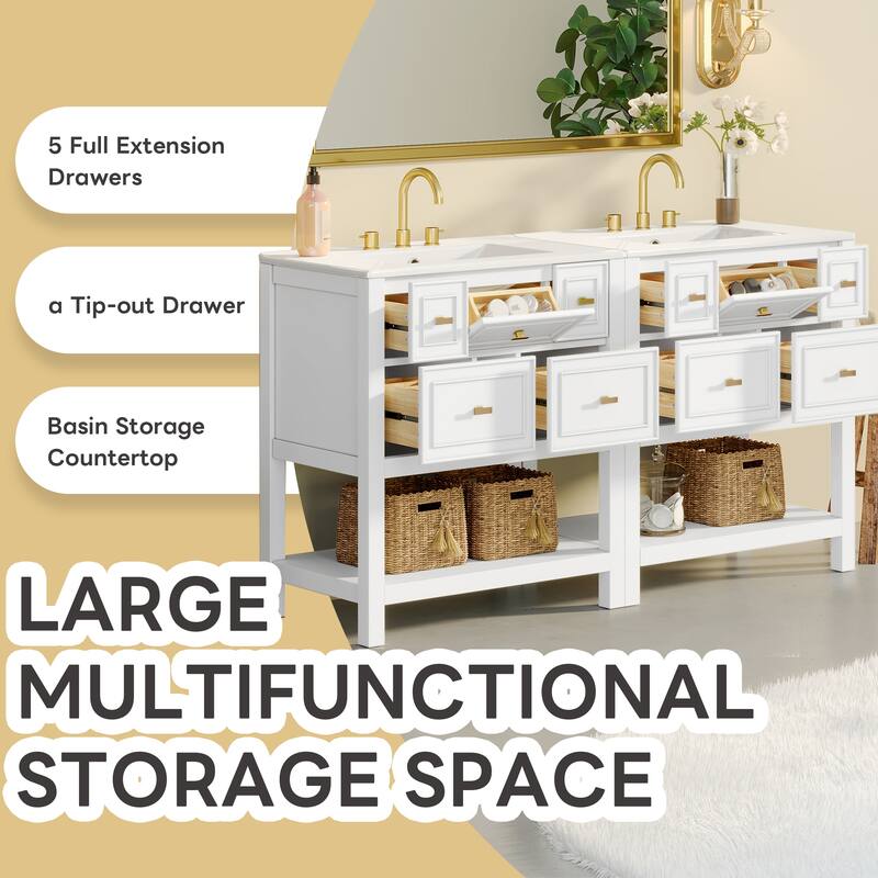 60'' Bathroom Vanity With Ceramic Sink Combo, Free Standing Single Vanity Set With 5 Drawers,Solid Wood FrameStorage Cabinet