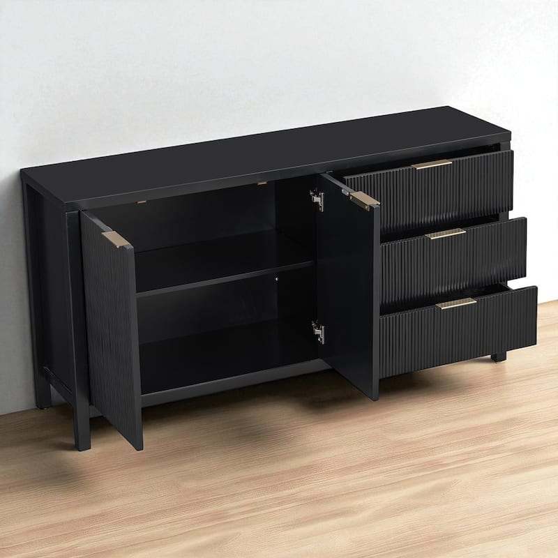 Minimalist Wave-Pattern Sideboard with Storage, Acacia Wood Legs & Aluminum Handles, for Hallway & Entryway