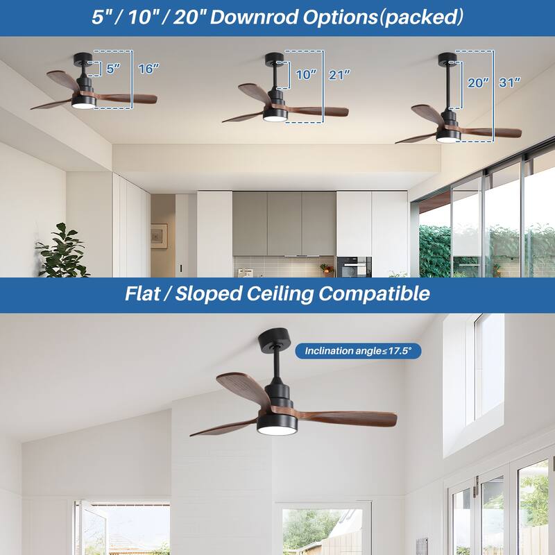 52"/60"/48" Noiseless Walnut Wood Ceiling Fan with Remote Control, Integrated Light Optional