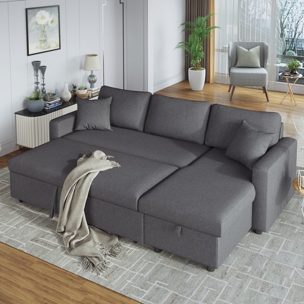 slide 2 of 10, L-shape Sectional Sofa Modern Convertible Upholstered Twin Sofa Bed Sleeper with Storage Sofa Chaise and 2 Tossing Cushions Gray