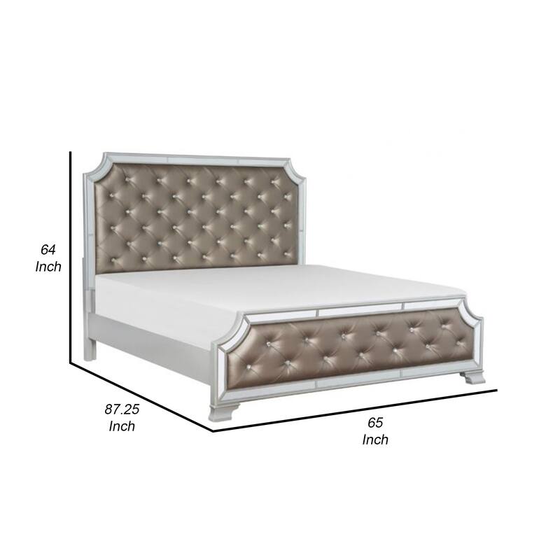 Badra Queen Bed with Crystal Button Tufting, Mirror Trim, Gray Faux Leather