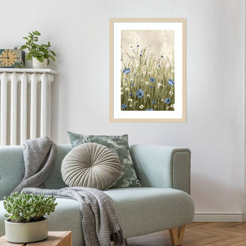 Blue Blossoms in Gentle Meadow by Alex Black Wood Framed Wall Art Print