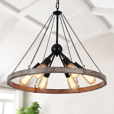 6-Light Modern Wagon Wheel Chandelier with Adjustable Chain for Study Foyer Kitchen Island