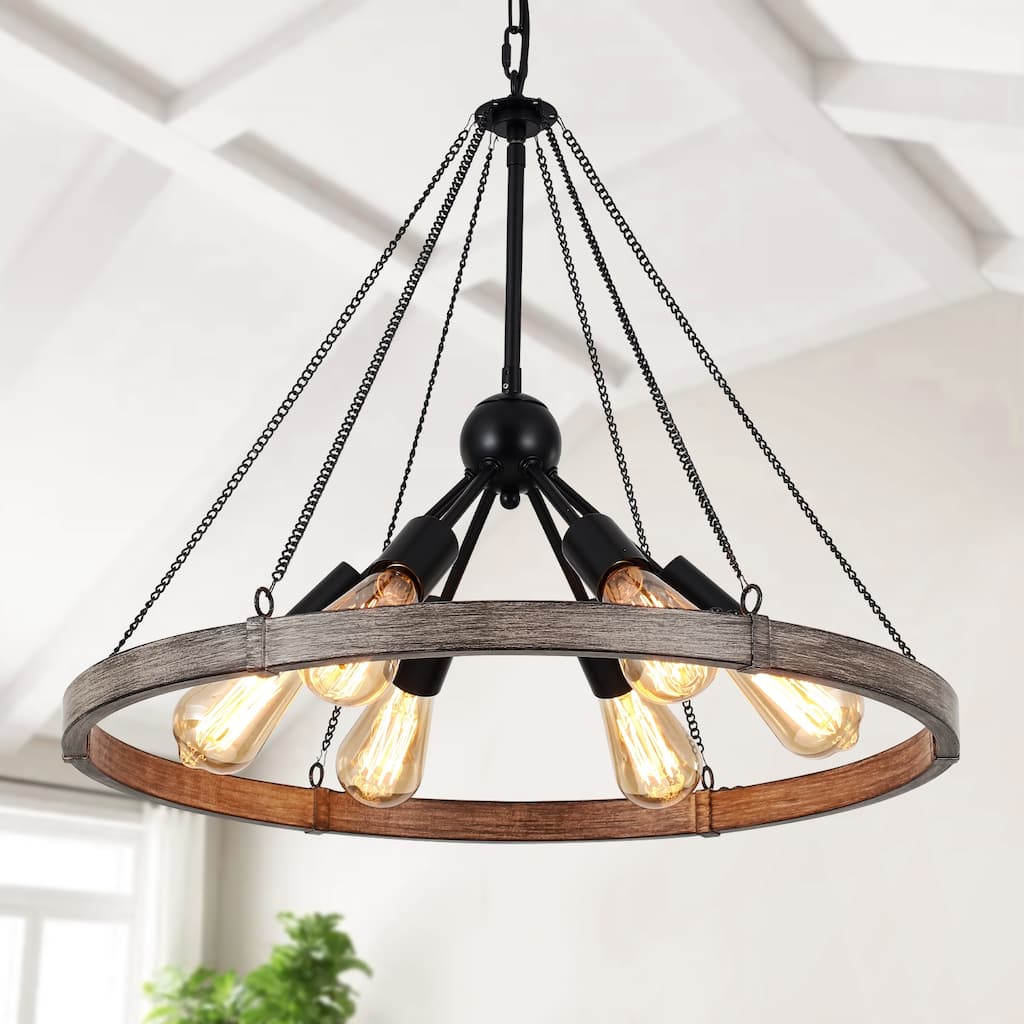 6-Light Modern Wagon Wheel Chandelier with Adjustable Chain for Study Foyer Kitchen Island