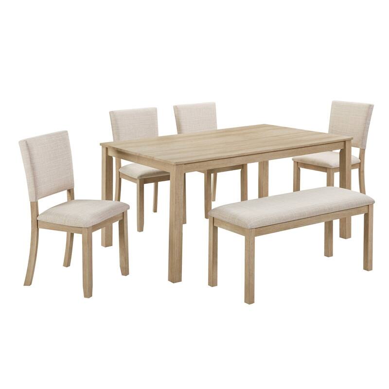 6 Piece Dining Table Set with Bench, Wooden Rectangular Kitchen Table Set with Bench and 4 Upholstered Chairs