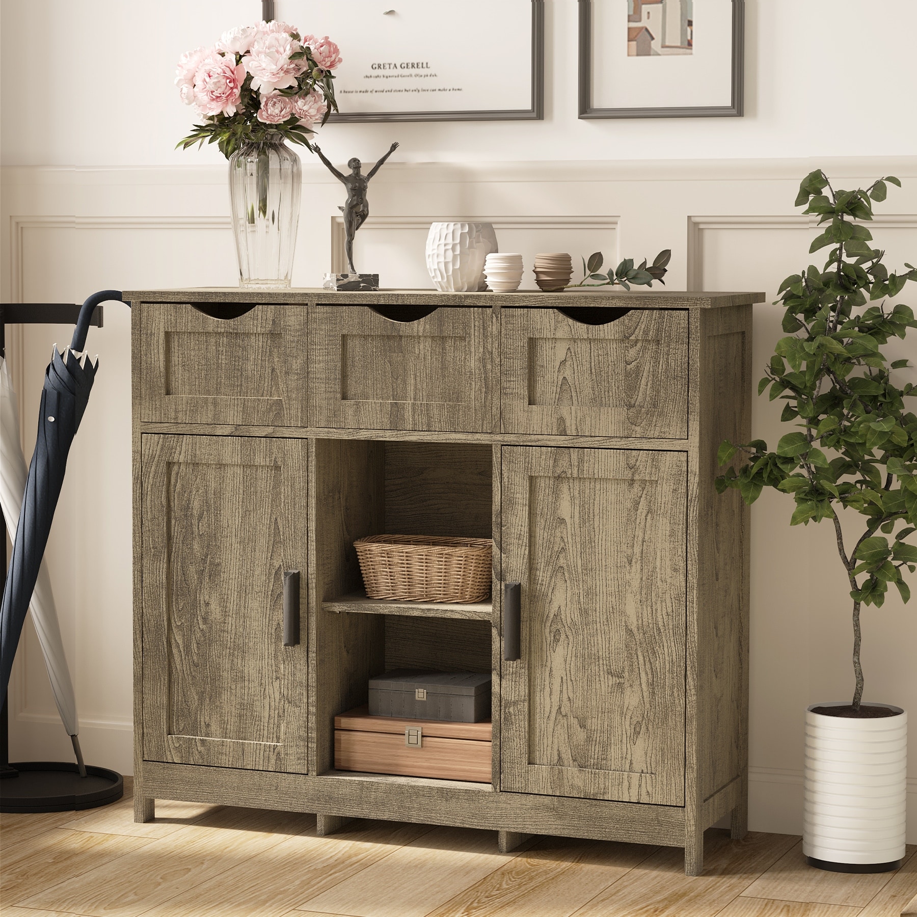 Wooden Storage Sideboard with Drawers & Shelves