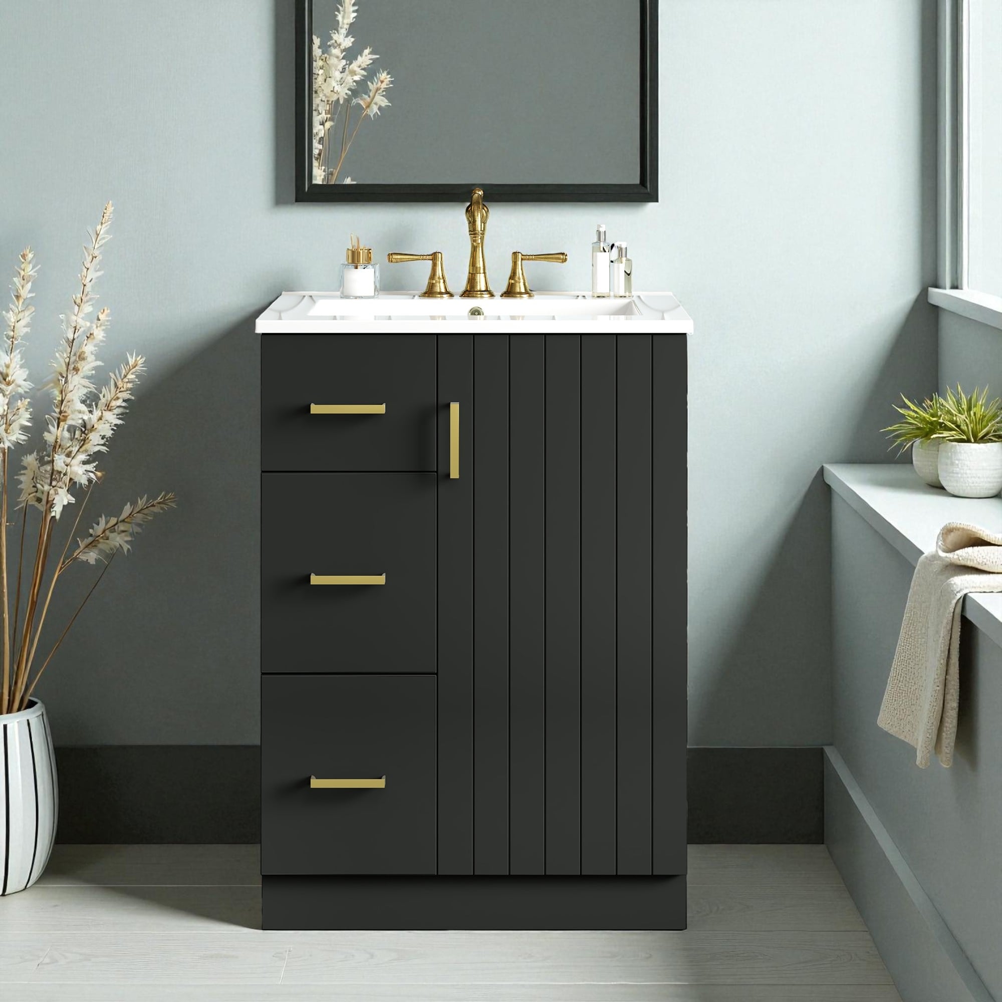 24-Inch Modern Bathroom Vanity with Sink, Freestanding Small Vanity Cabinet with 2 Drawers and Soft-Close Door