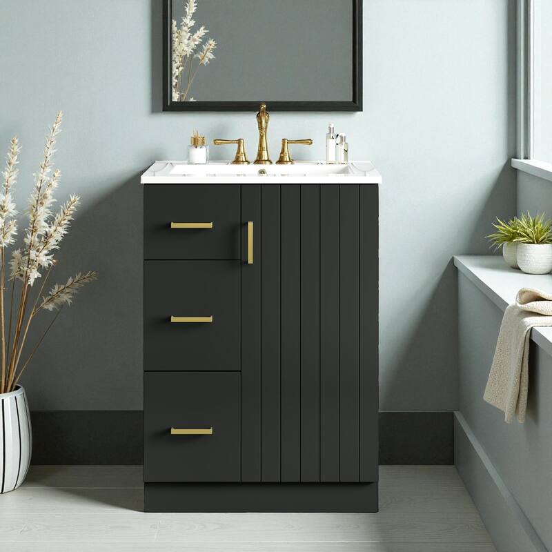 24-Inch Modern Bathroom Vanity with Sink, Freestanding Small Vanity Cabinet with 2 Drawers and Soft-Close Door - Black