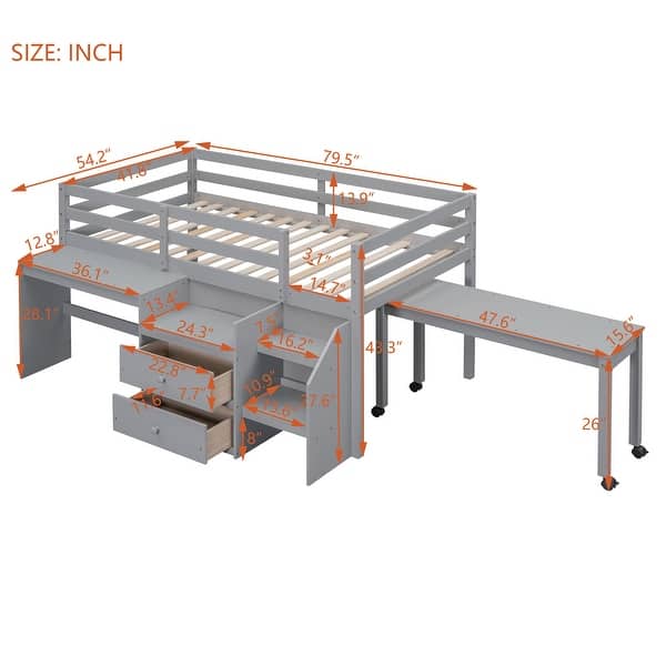 dimension image slide 0 of 2, Twin Size Wooden Loft Bed with Movable Desk and Small desk, 2 Drawers, Full-Length Guardrail