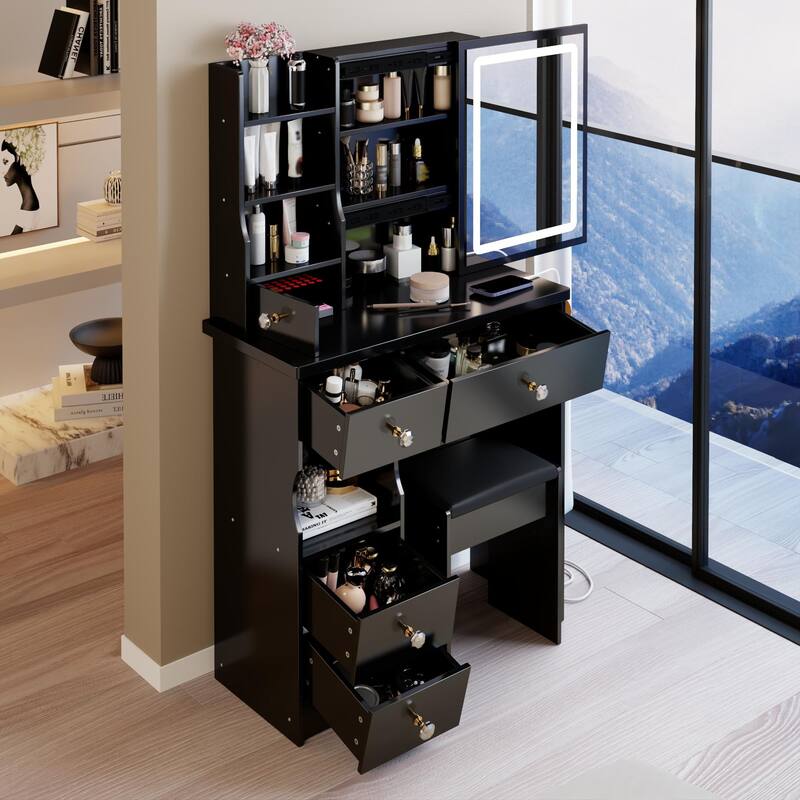 Small Size Left Drawer Desktop Vanity Table + Cushioned Stool,Extra Large Touch Control Sliding LED Mirror,Tri-color Switching
