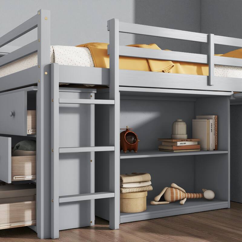 Twin Size Rubber Wood Loft Bed with Pull-Out Desk, Drawer Cabinet, and Shelf Storage, Safety Guardrails and Ladder