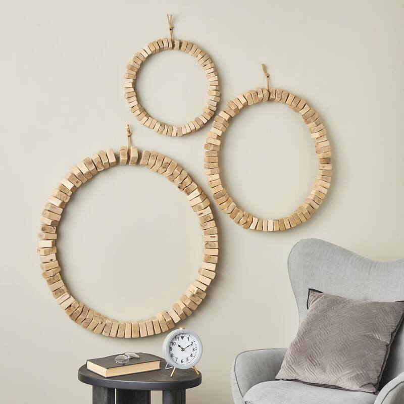 Brown Wood Beaded Abstract Home Wall Decor with Hanging Rope (Set of 3)