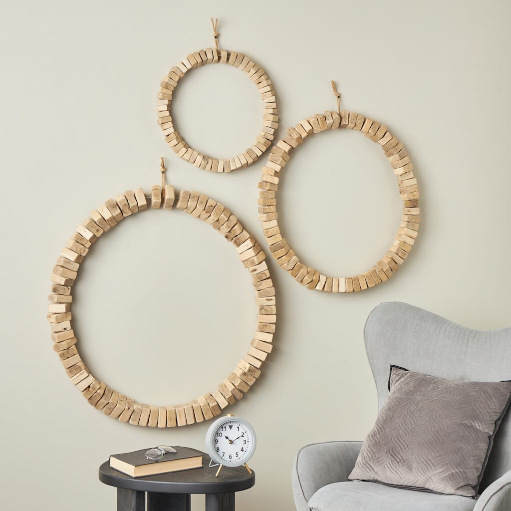 Brown Wood Beaded Abstract Home Wall Decor with Hanging Rope (Set of 3)