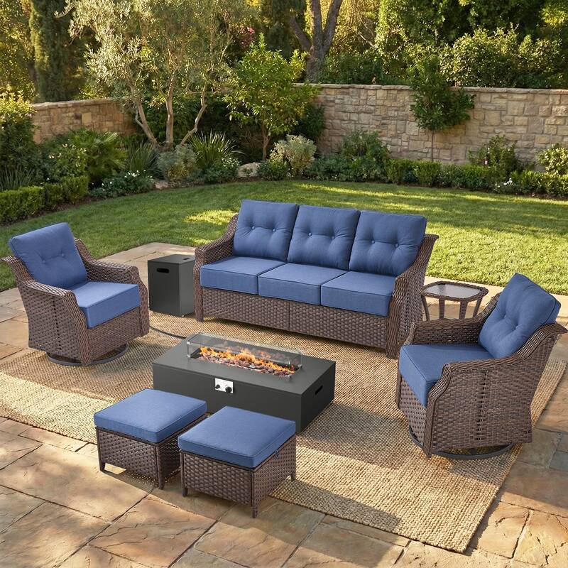Pocassy 5/7PCS Sofa Swivel Chair Ottoman with Fire Pit Table - Brown Wicker Blue Cushion - 7-Piece Sofa Swivel Chair Ottoman with Fire Table