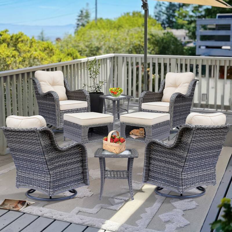 8 Piece Outdoor Wicker Patio Furniture Swivel Chairs and Ottoman Set - Beige-Gray Wicker