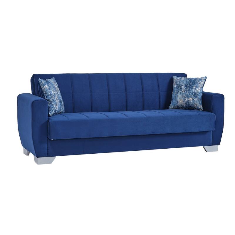 HomeRoots 84" Blue Microfiber Convertible Futon Sleeper Sofa With Toss Pillows And Storage