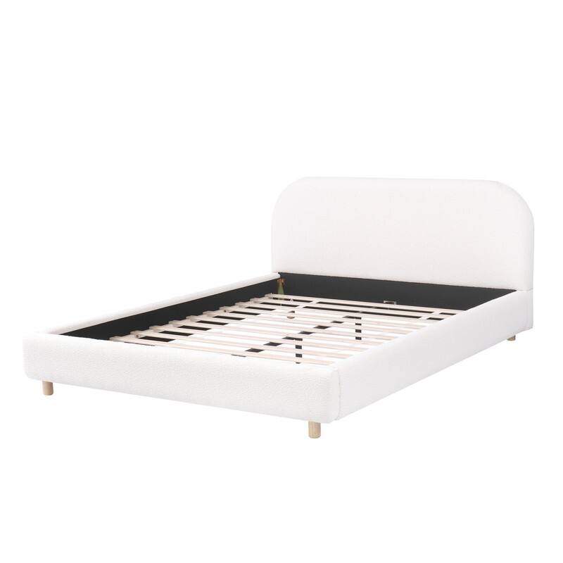 Queen/King Size Platform Bed with Curve-Shaped Design Headboard, Boucle Fabric Upholstered Bed Frame with Slats Support