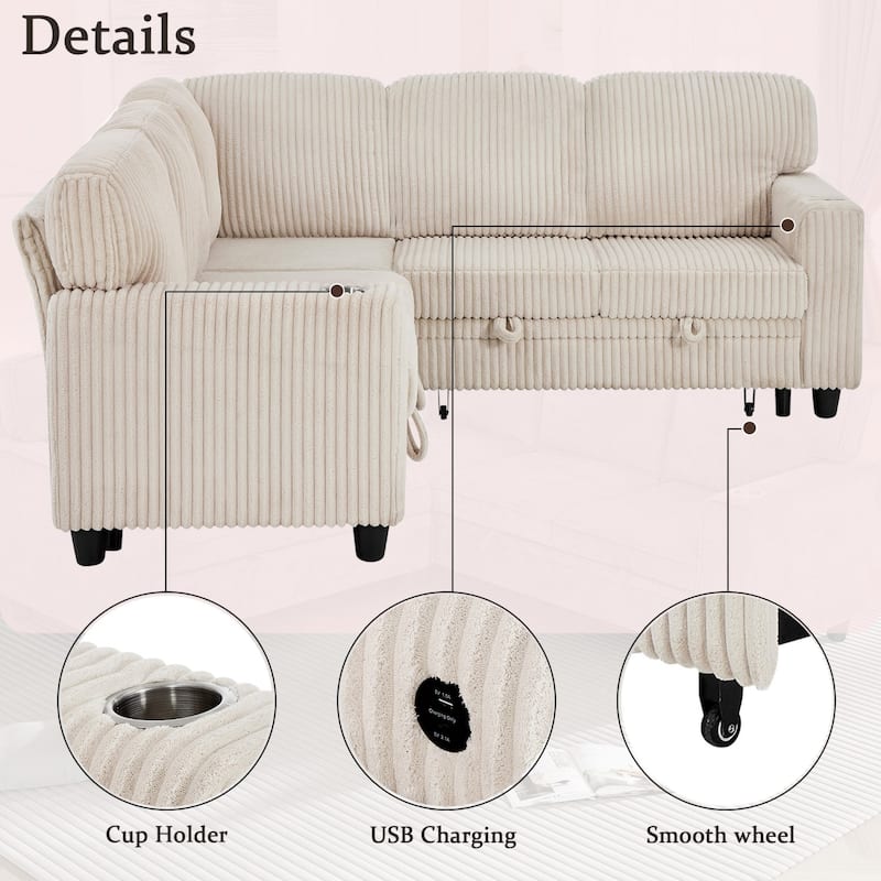81" L-Shaped Corduroy Sectional Sofa with Pull-Out Bed