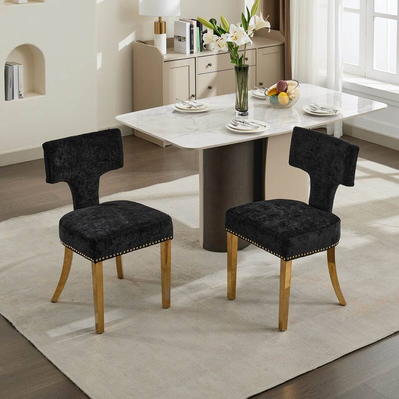 GDF Studio - Mid-Century Chenille Upholstered Dining Chairs with Curved Back & Golden Stainless Steel Legs, Set of 2