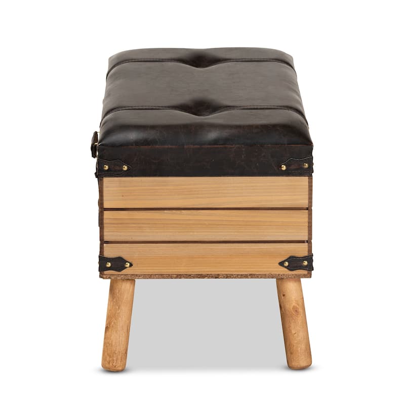 Amena Dark Brown PU Leather and Oak Wood Large Storage Ottoman