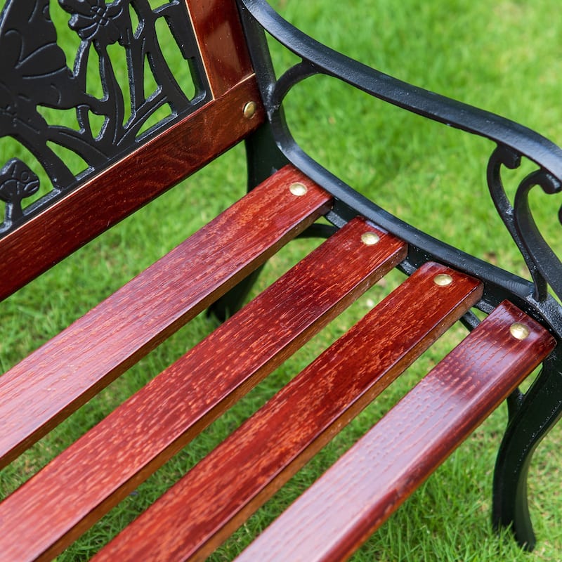 MAISON ARTS Outdoor Garden Bench for Children, 33'' L Metal Bench with Wood Seating & Floral Pattern Back