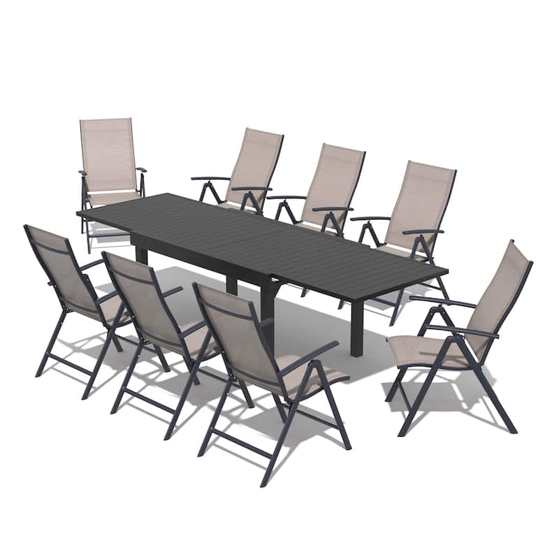 9-Piece Outdoor Dining Set Expandable Aluminum Dining Table and Adjustable Folding Chairs
