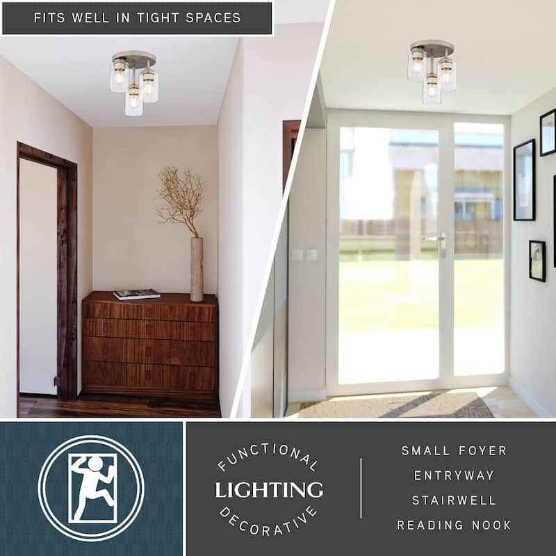 Park Ridge 3-Light Semi Flush Mount Lighting Fixture, Clear Cylinder Glass Shade Low Ceilings, Hallway, Kitchen