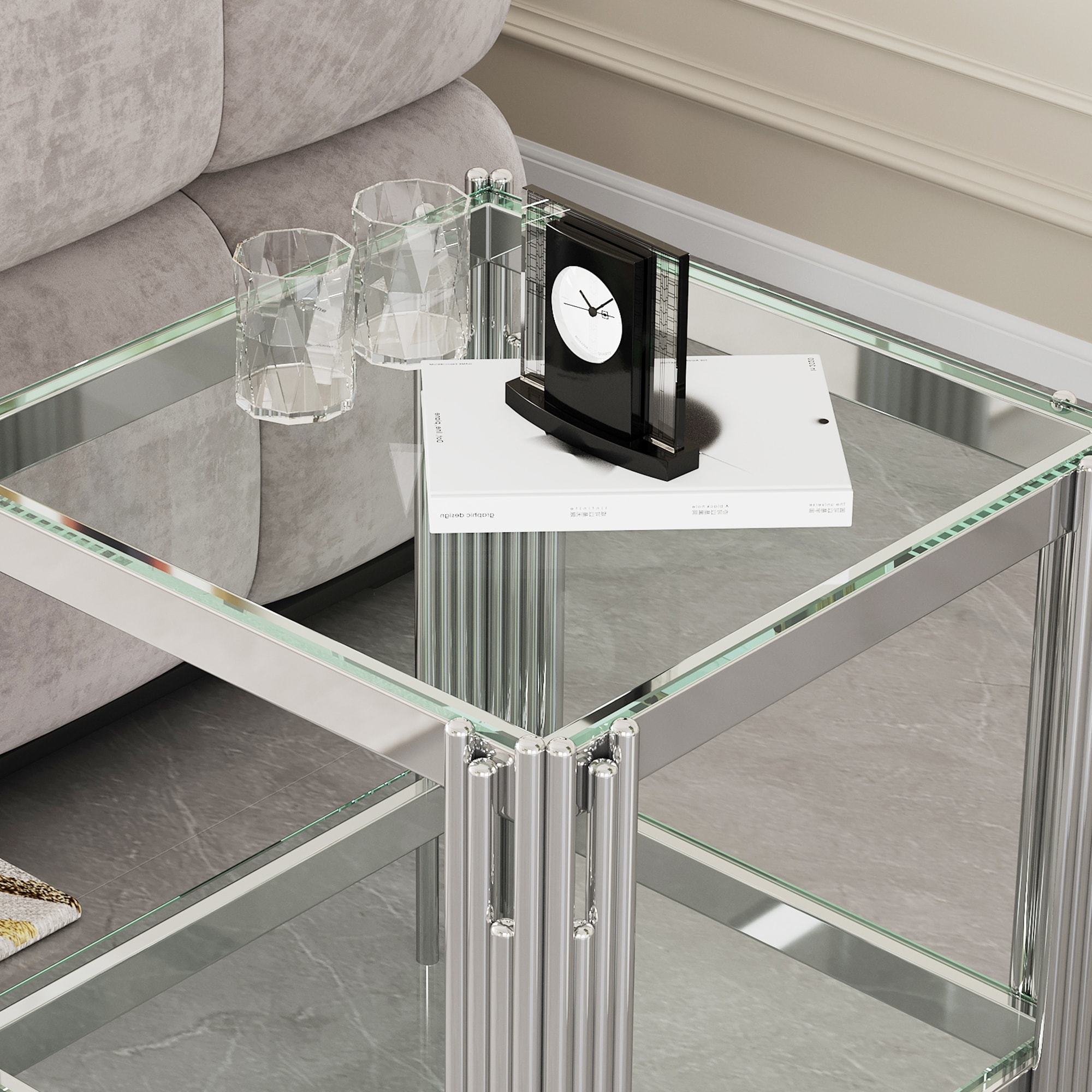 Modern Tempered Glass Top End table with Silver Stainless Steel Frame