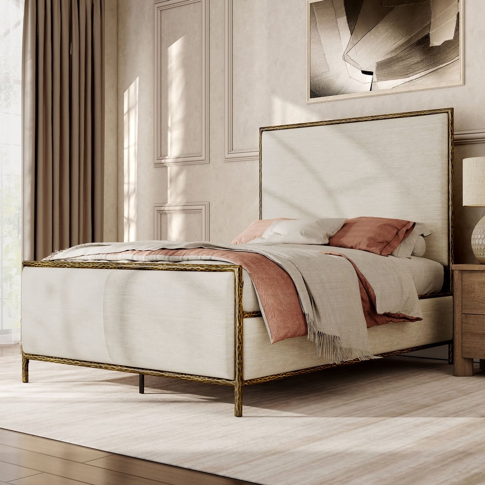 247 Shop At Home Lalia Modern Beige Upholstered Hammered Metal Panel Bed
