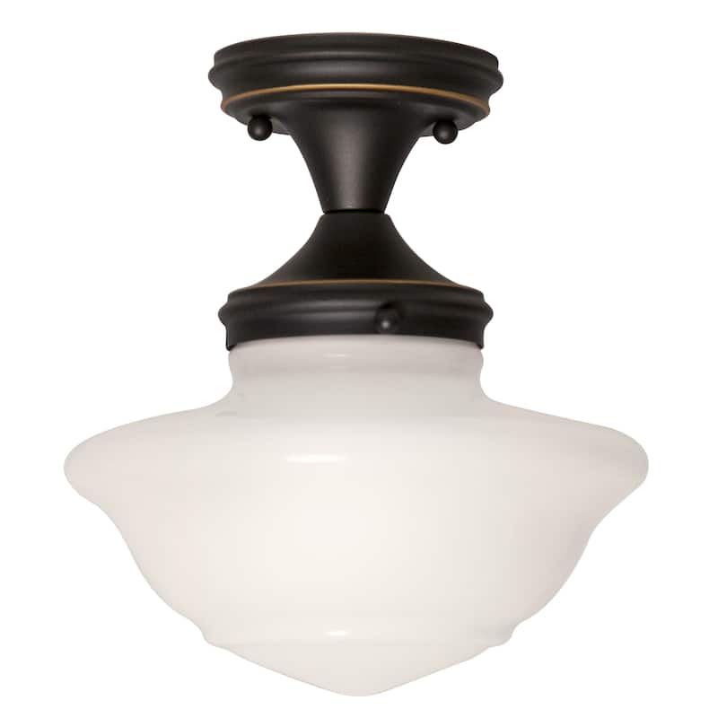 Design House Schoolhouse Oil Rubbed Bronze Semi Flush Mount Ceiling Light with White Glass Shade - 8.98 x 8.98 x 10