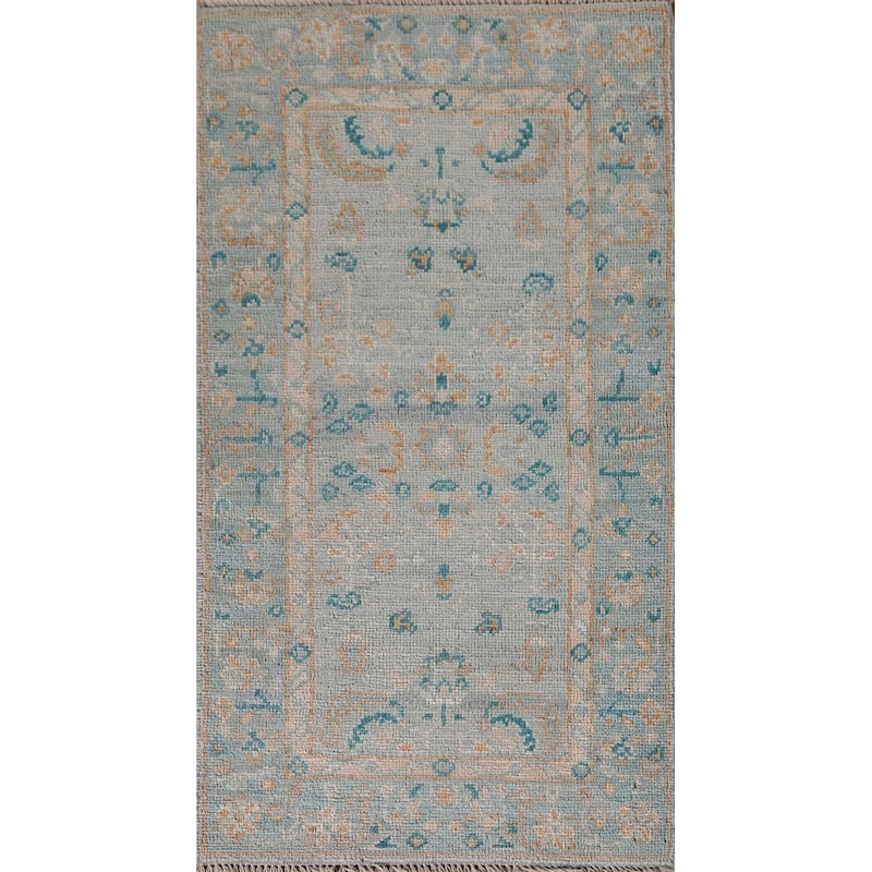 Light Blue Oushak Vegetable Dye Accent Rug Handmade Wool Carpet - 1'11"x 4'0"