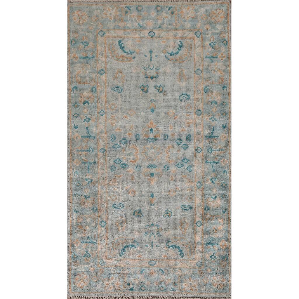 Light Blue Oushak Vegetable Dye Accent Rug Handmade Wool Carpet - 1'11"x 4'0"