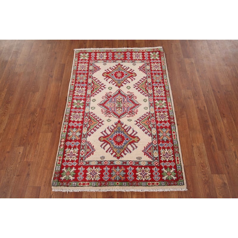 Ivory Kazak Oriental Accent Rug Hand-Knotted Wool Carpet - 2'7" x 3'11"