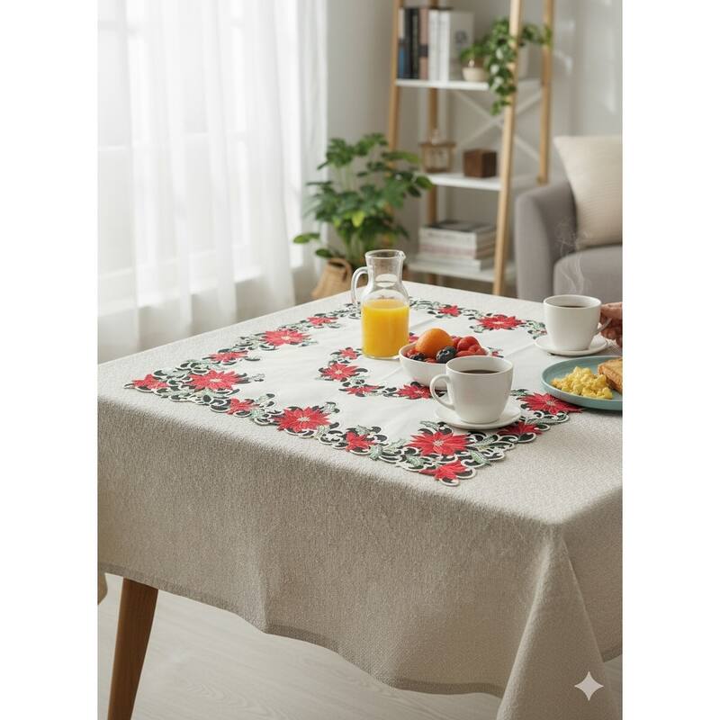 Christmas Poinsettia Embroidered Cutwork Square Tablecloth, 44 inch square