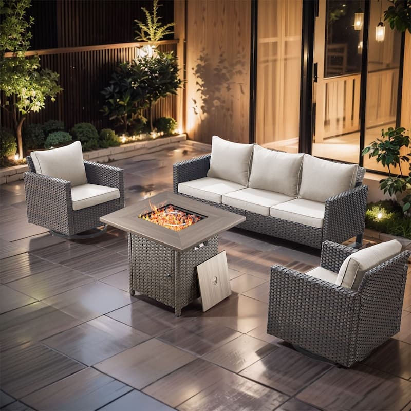 4 Pieces Fire Pit Table with Sofa Swivel Chair Set - Brown Wicker - Beige cushion