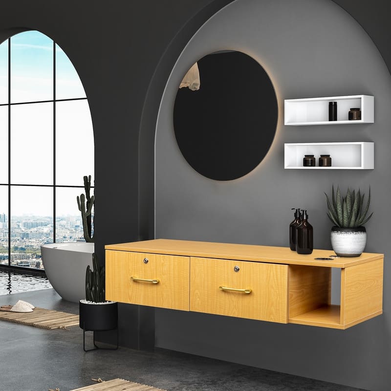 Wood Wall Mount Storage Cabinet Salon Stations with 2-Drawer