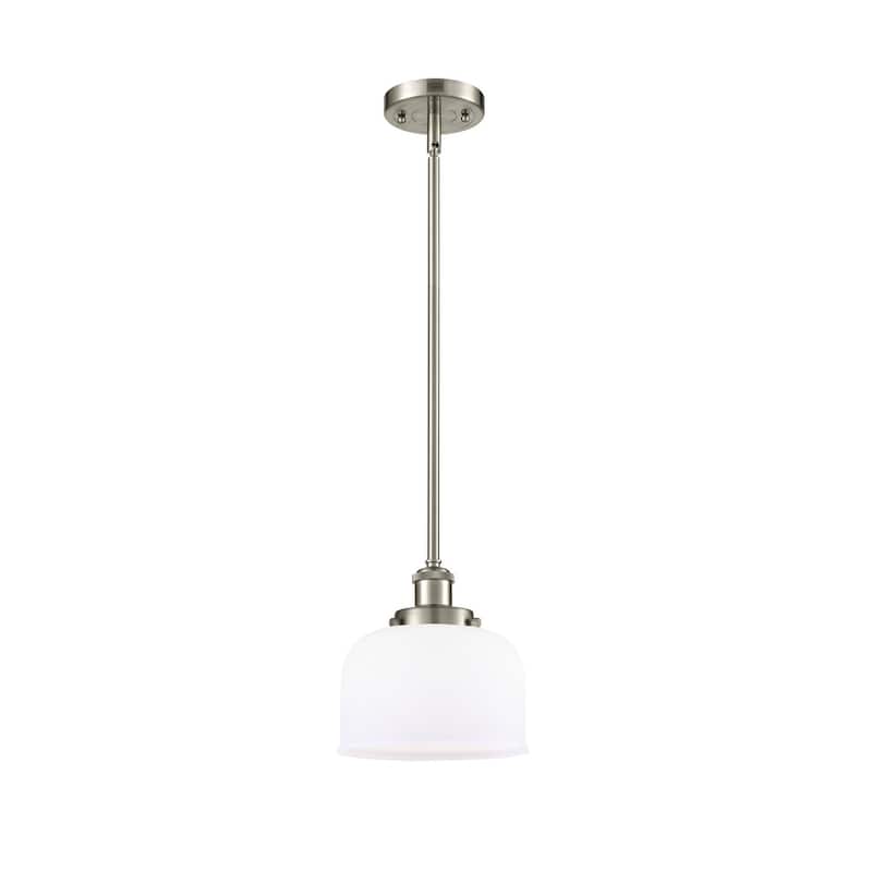 Innovations Lighting Large Bell 8" Wide Mini Pendant - Rod Hung - Brushed Satin Nickel / Matte White