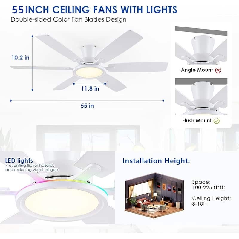 52 Inches RGB Flush Mount Ceiling Fan with Light,Reversible DC Motor for Bedroom Living Room Patio - 52 Inches