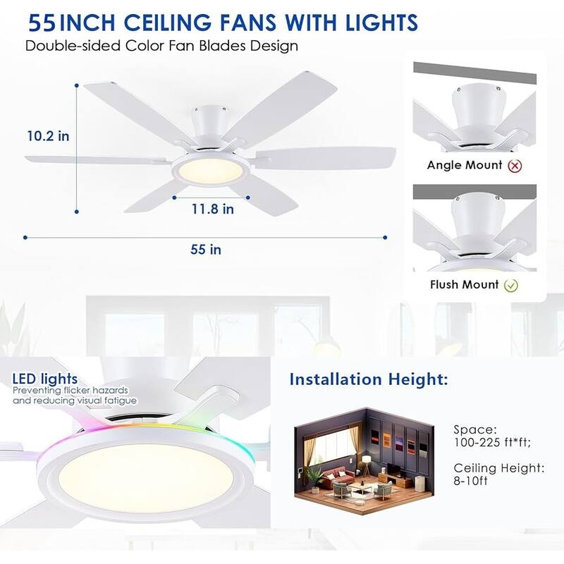 54 Inch Flush Mount Low Profile Ceiling Fan with Light,Remote and App Control - 54 Inches
