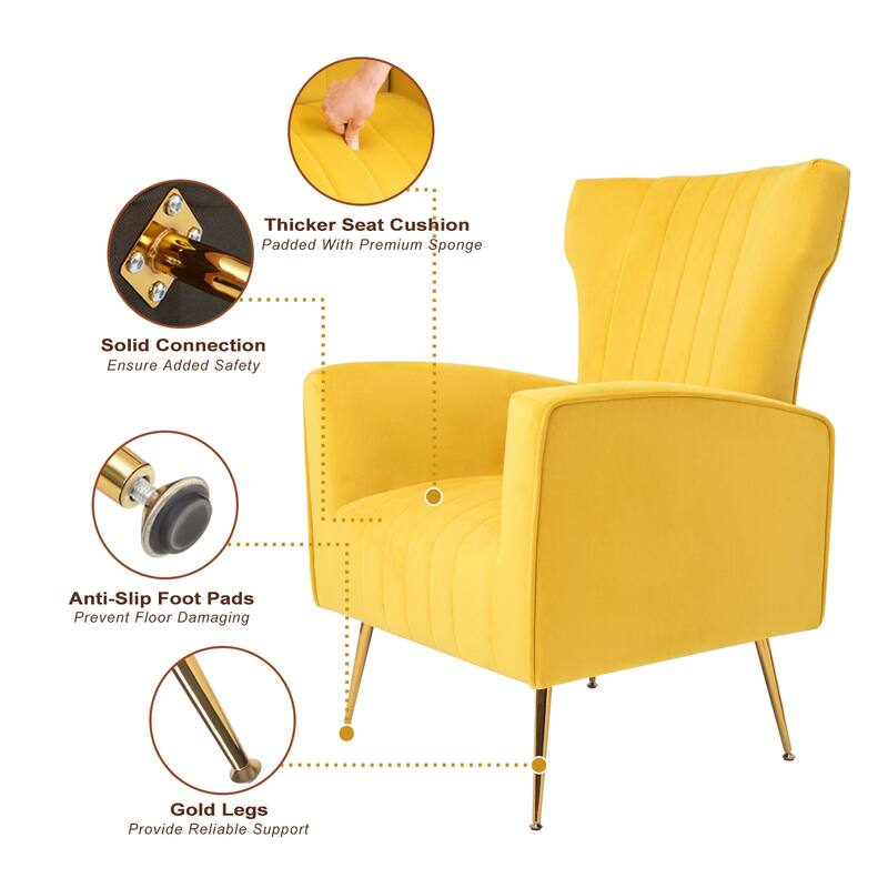 Velvet Yellow Accent Chair, Wingback Arm Chair with Gold Legs Bed