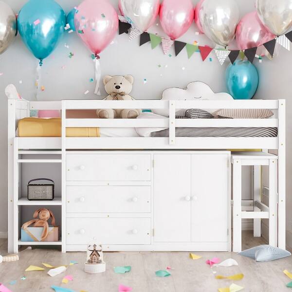 slide 2 of 11, Modern Twin Size Low Loft Bed With Pull-Out Desk,Drawers,Cabinet and Shelves