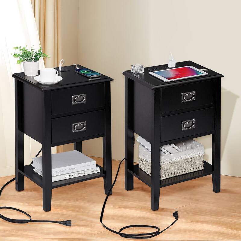 Javlergo Set of 2 Wooden Nightstand with Charging Station, Side End Table with USB Drawer and Open Storage Shelf - Black - 2-drawer