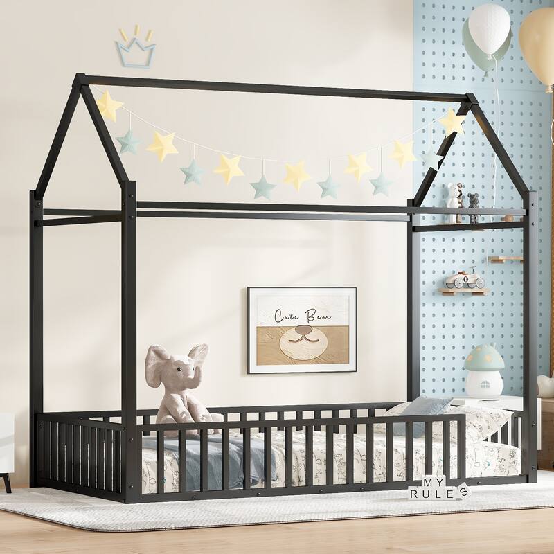 Roomfitters Metal Twin House Bed Frame with Guardrails & Detachable Slats, Convertible Floor to Loft Design, Black